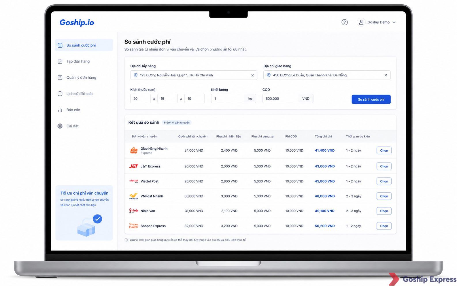Mockup of Goship.io's online shipping cost comparison tool showing input fields and a pricing table from multiple carriers.