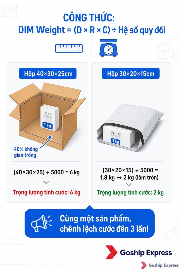 Infographic so sánh trọng lượng quy đổi DIM Weight giữa hai kiện hàng: hộp 40×30×25cm cho DIM 6kg (đỏ) và hộp 30×20×15cm cho