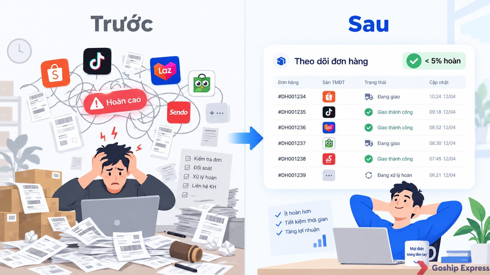 Ảnh so sánh trước và sau khi có quy trình giảm hoàn hàng: bên trái nhiều app vận chuyển chồng chéo và tỷ lệ hoàn cao, bên
