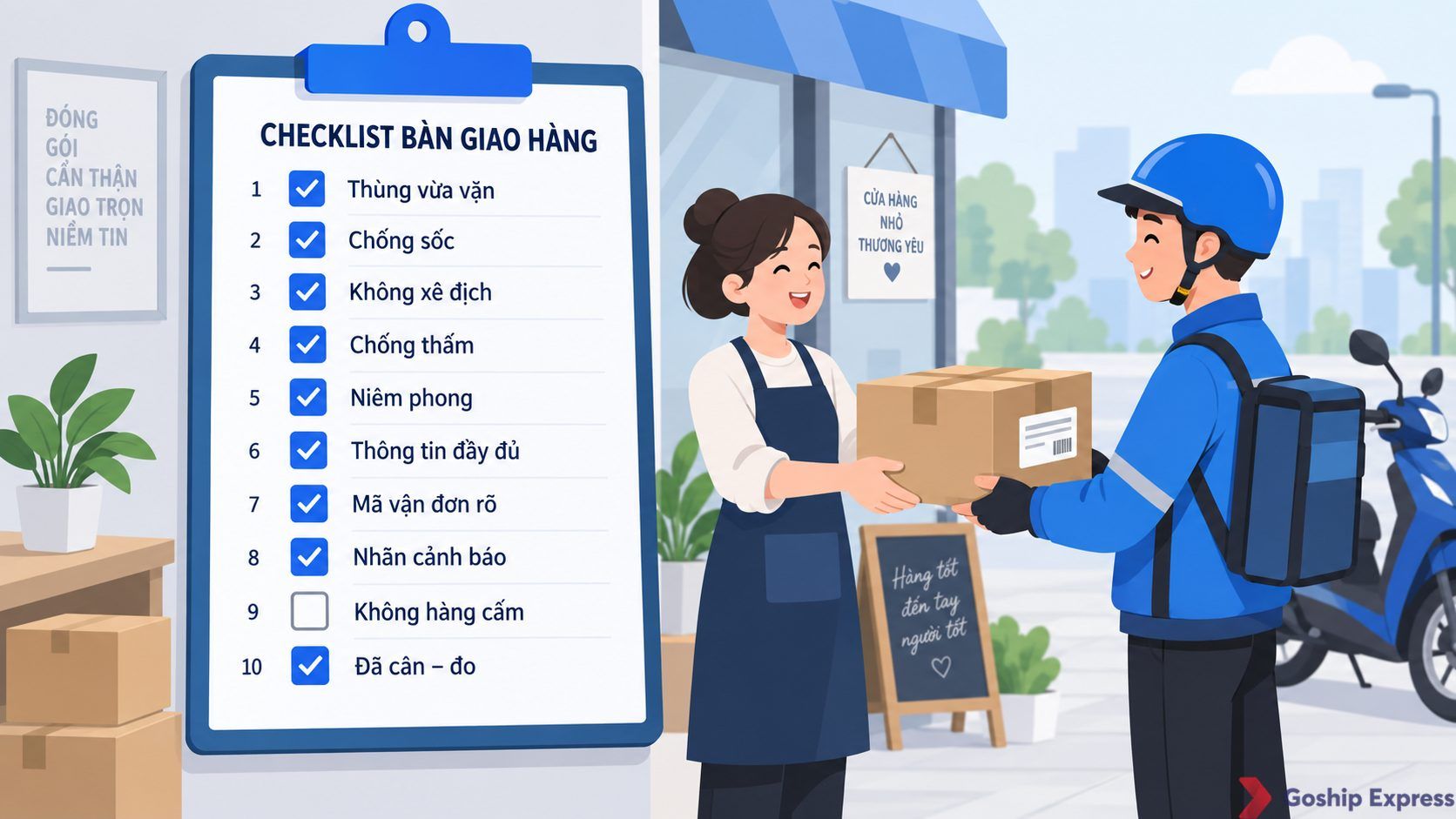 Bảng checklist 10 mục kiểm tra kiện hàng trước khi bàn giao cho shipper, kèm hình chủ shop trao thùng hàng đã niêm phong cho