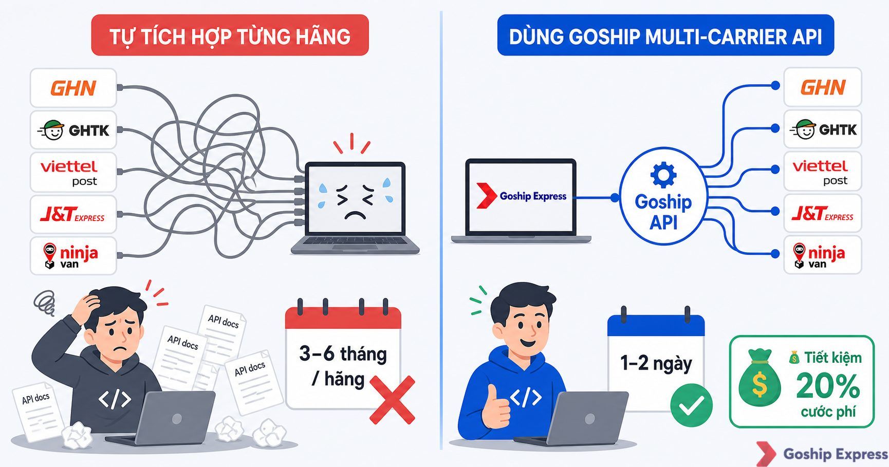 Ảnh so sánh trước-sau: bên trái là cảnh hỗn loạn với nhiều app vận chuyển riêng lẻ và dòng chữ 