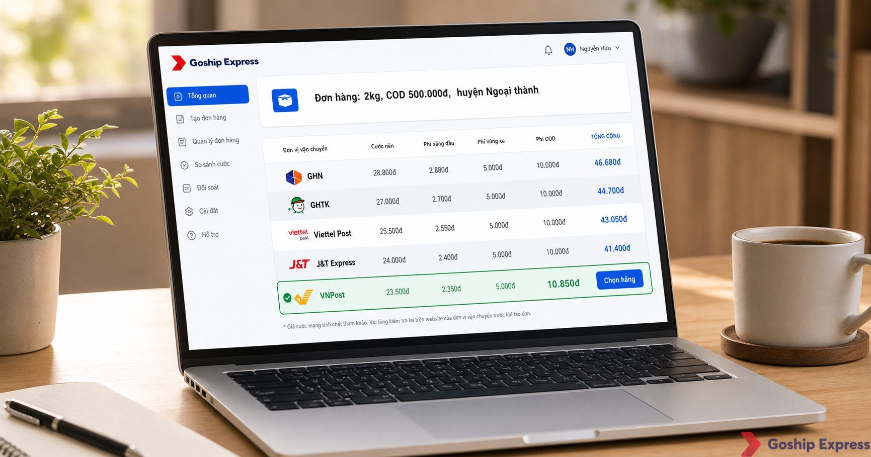 Ảnh chụp màn hình Goship Express trên laptop hiển thị bảng so sánh tổng phí vận chuyển trọn gói giữa 5 hãng GHN, GHTK,