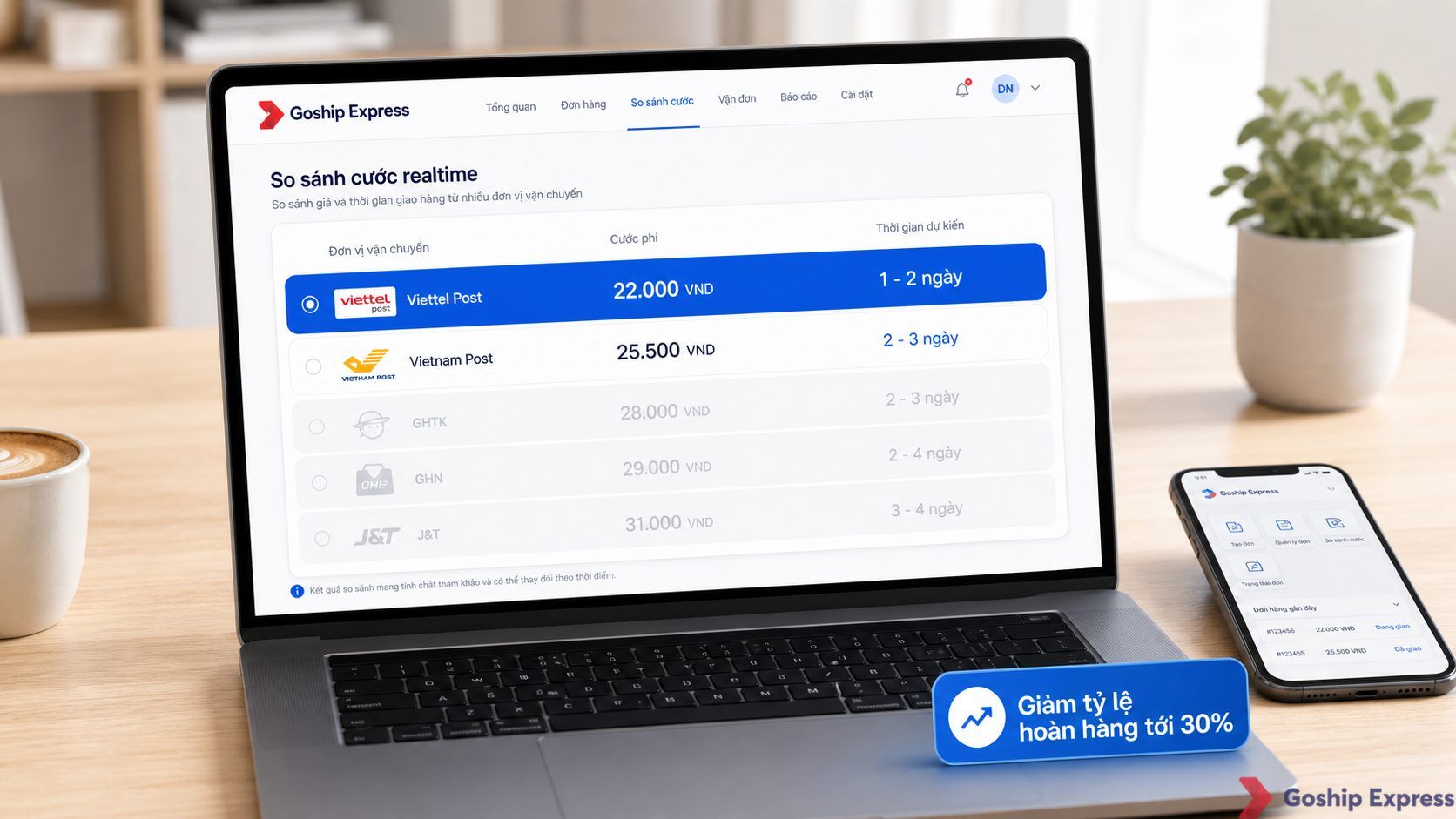 Mockup laptop hiển thị dashboard Goship với giao diện so sánh cước realtime giữa Viettel Post, Vietnam Post và các hãng vận