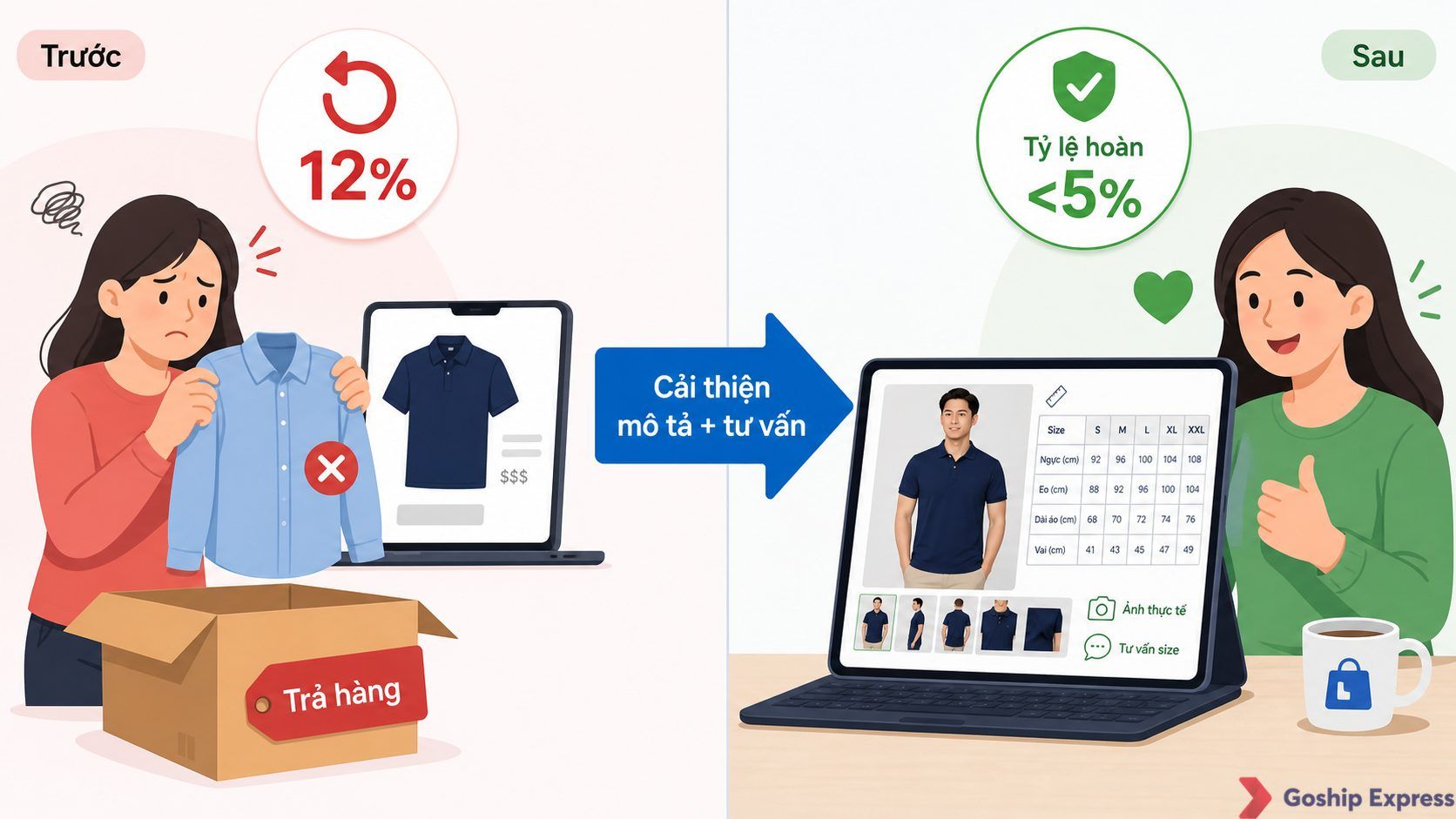 So sánh trước và sau khi cải thiện mô tả sản phẩm: bên trái tỷ lệ hoàn 12% do sản phẩm không giống ảnh, bên phải tỷ lệ hoàn