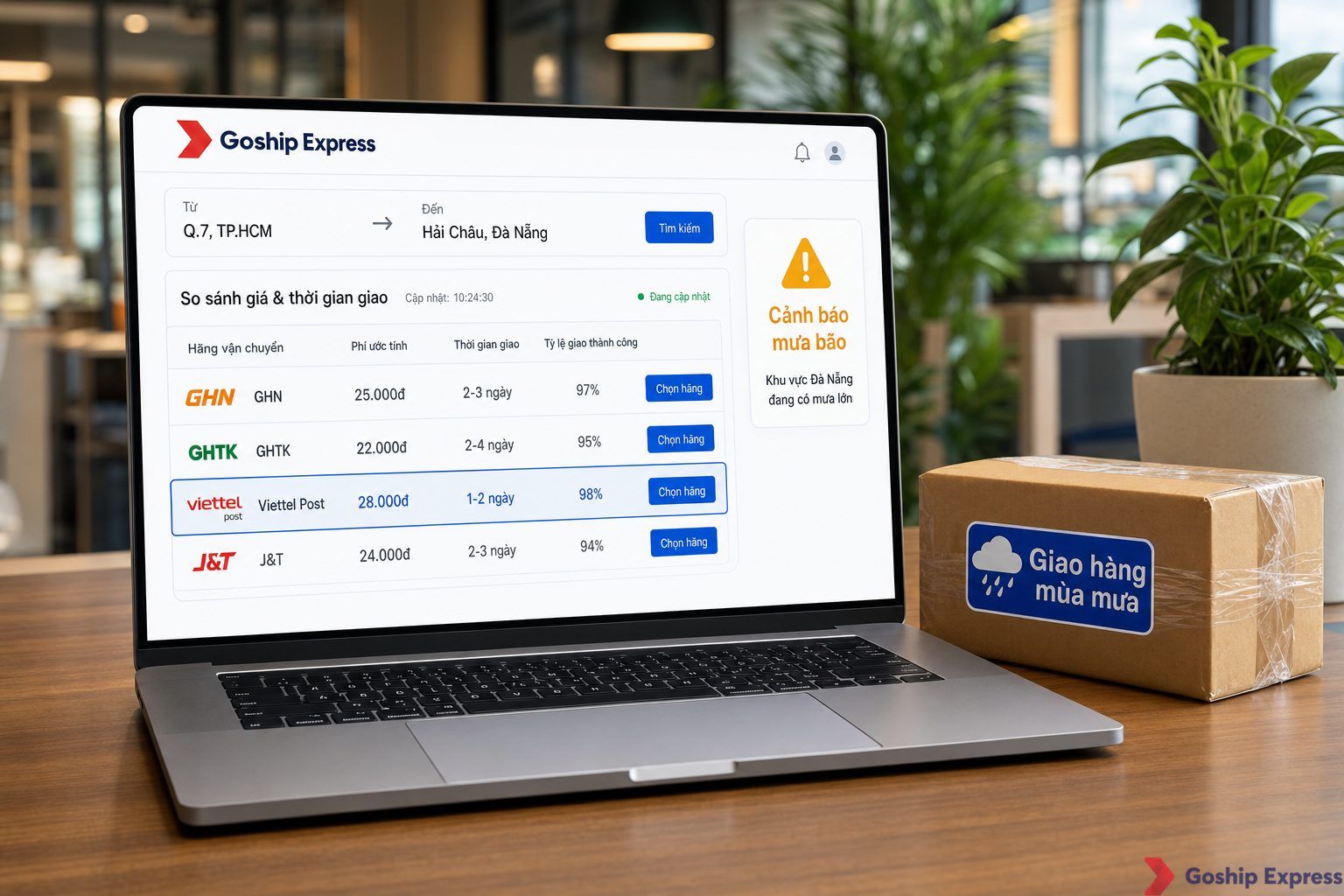 Màn hình laptop hiển thị giao diện phần mềm Goship với bảng so sánh realtime phí và thời gian giao của 4 hãng vận chuyển: