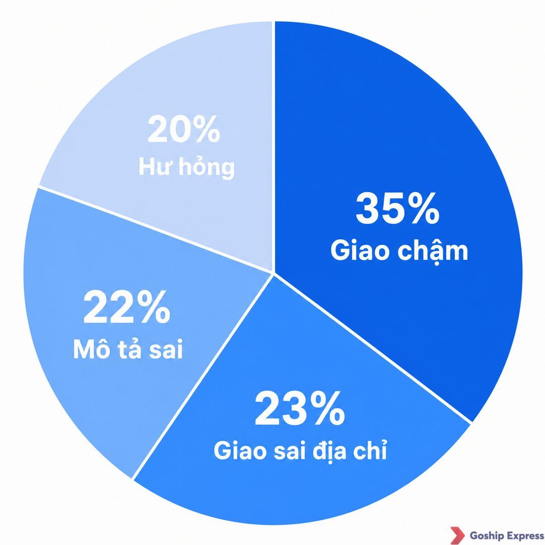 Pie chart showing the main causes of delivery failure: late delivery 35%, wrong address 23%, product description mismatch