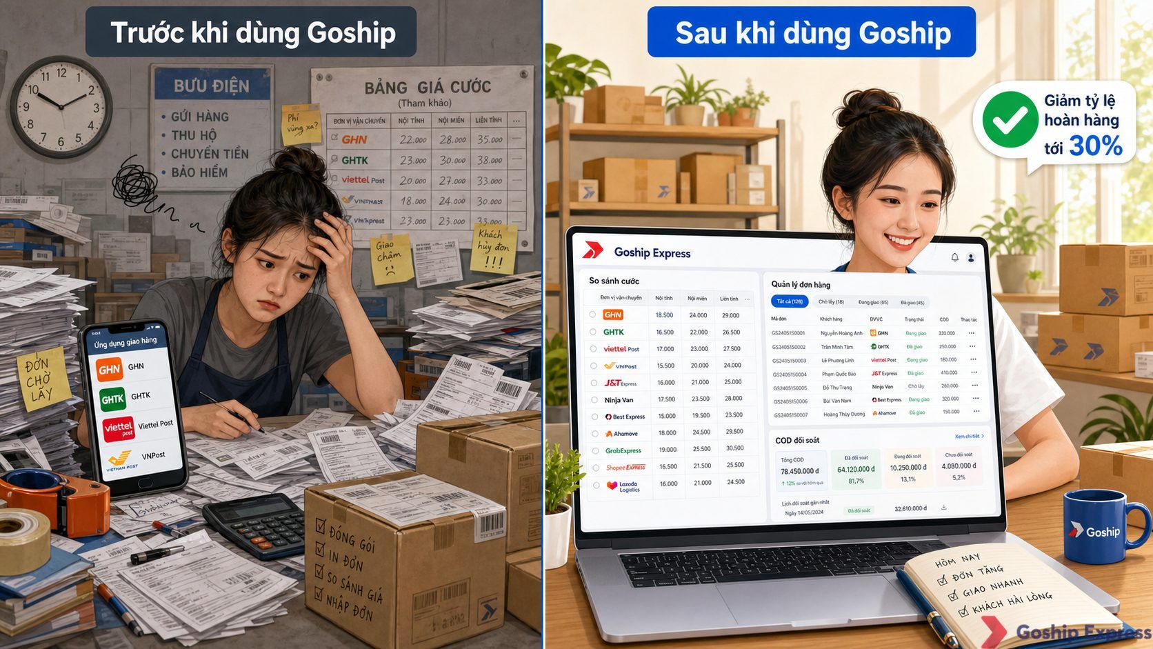 Ảnh so sánh trước-sau: bên trái là chủ shop căng thẳng với nhiều app vận chuyển, giấy tờ thủ công; bên phải là chủ shop