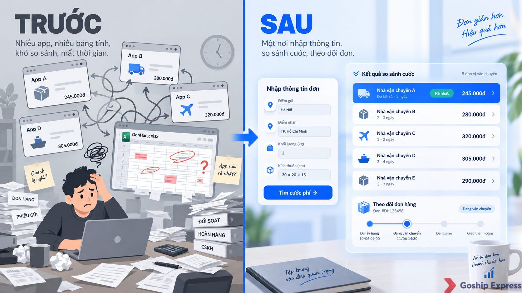 Ảnh so sánh trước và sau khi dùng nền tảng quản lý vận đơn: bên trái file Excel và nhiều app vận chuyển rối rắm, bên phải là