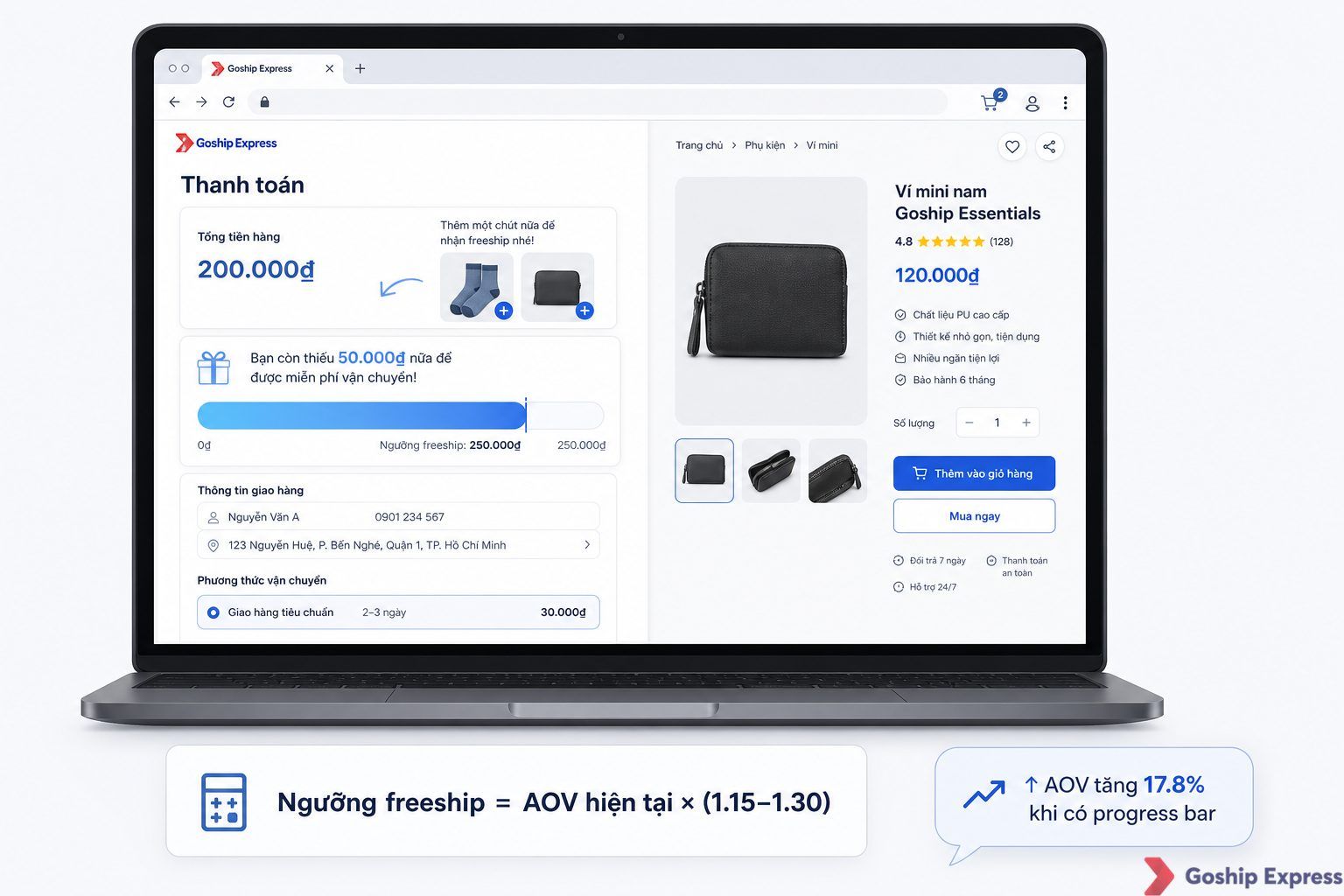 Mockup giao diện website bán hàng hiển thị thanh tiến trình freeship màu xanh dương với dòng chữ 