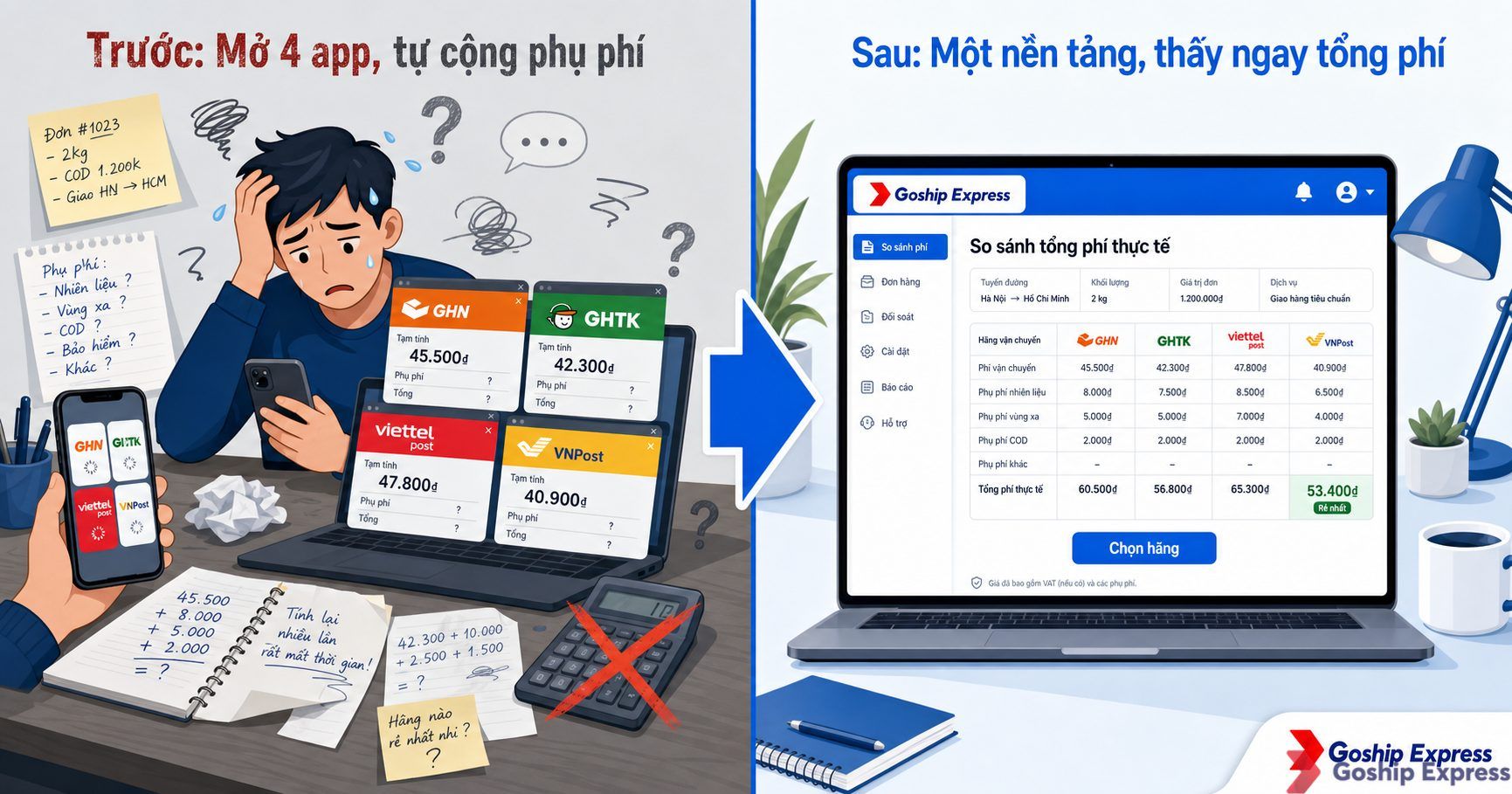 Ảnh so sánh trước-sau: bên trái là cảnh nhiều app vận chuyển (GHN, GHTK, Viettel Post, VNPost) chồng chéo trên điện thoại và