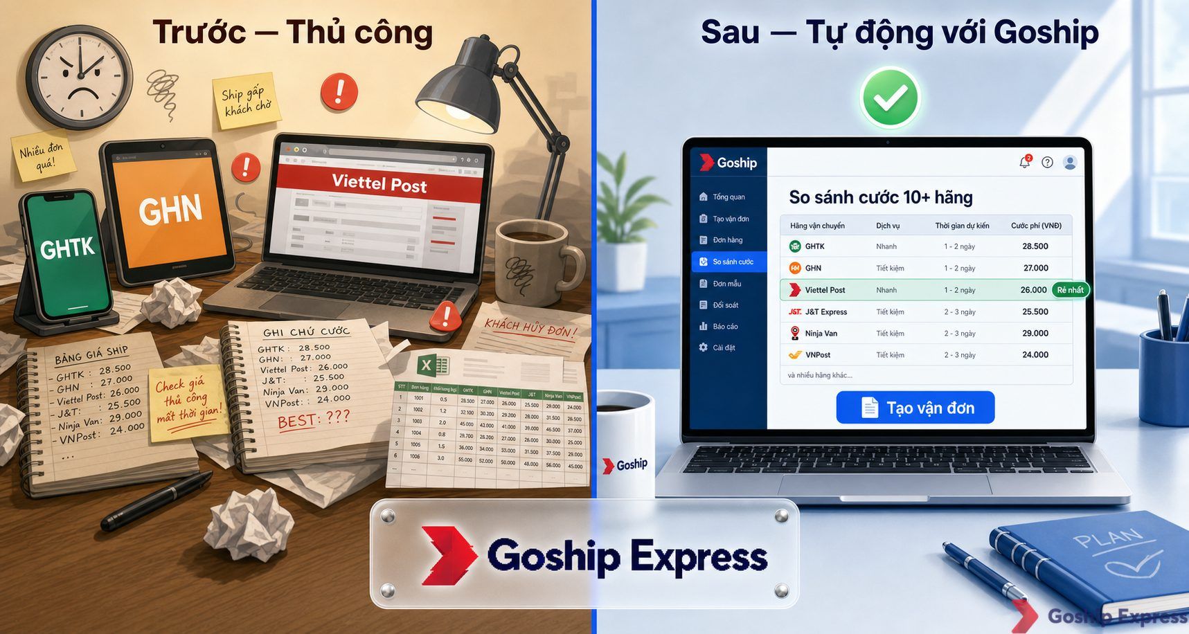 Ảnh so sánh trước-sau: bên trái là cảnh bừa bộn với nhiều điện thoại và máy tính bảng mở app GHTK, GHN, Viettel Post — bên