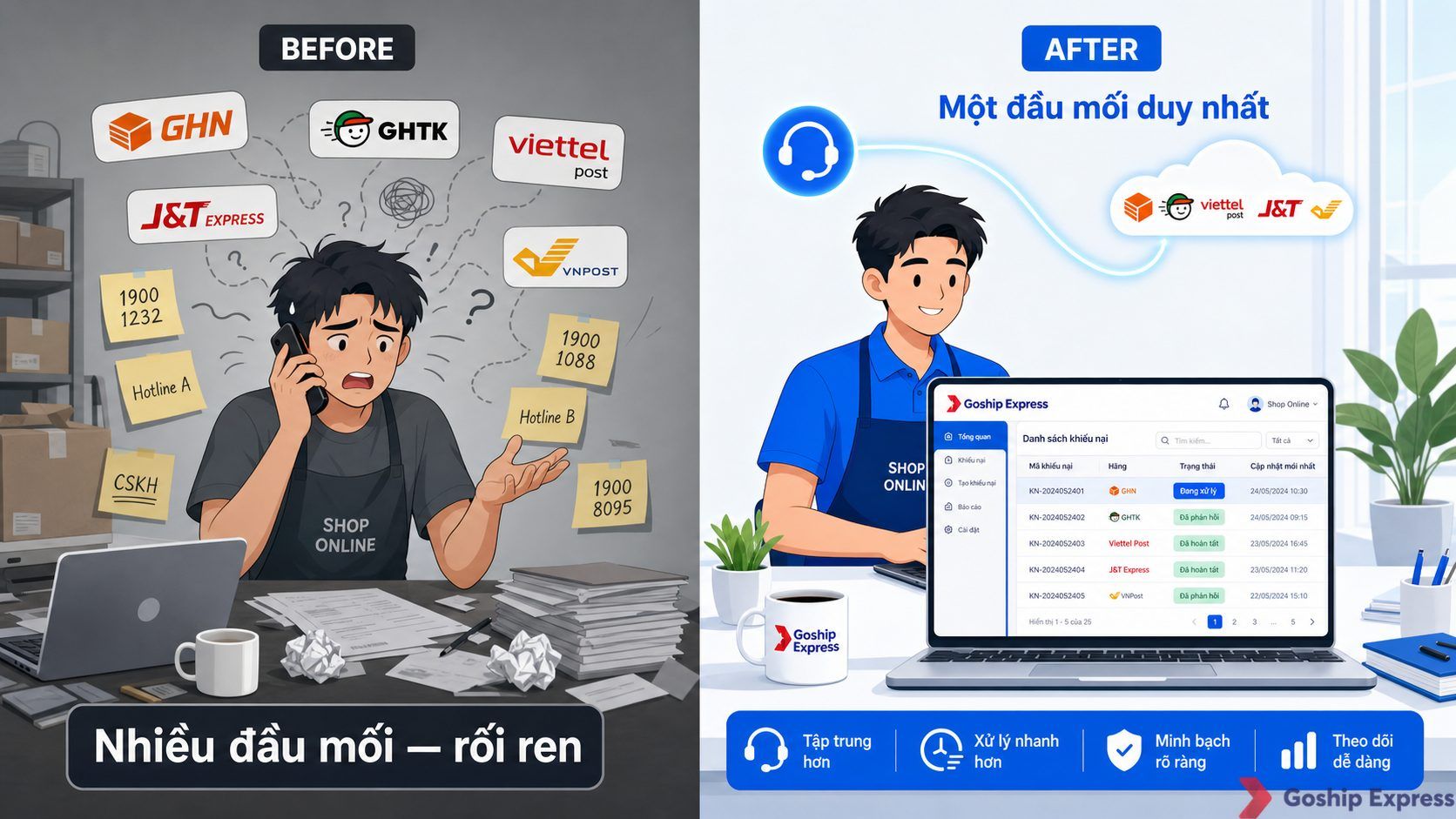 Ảnh so sánh trước-sau: bên trái chủ shop căng thẳng với nhiều app và hotline vận chuyển khác nhau, bên phải chủ shop thoải