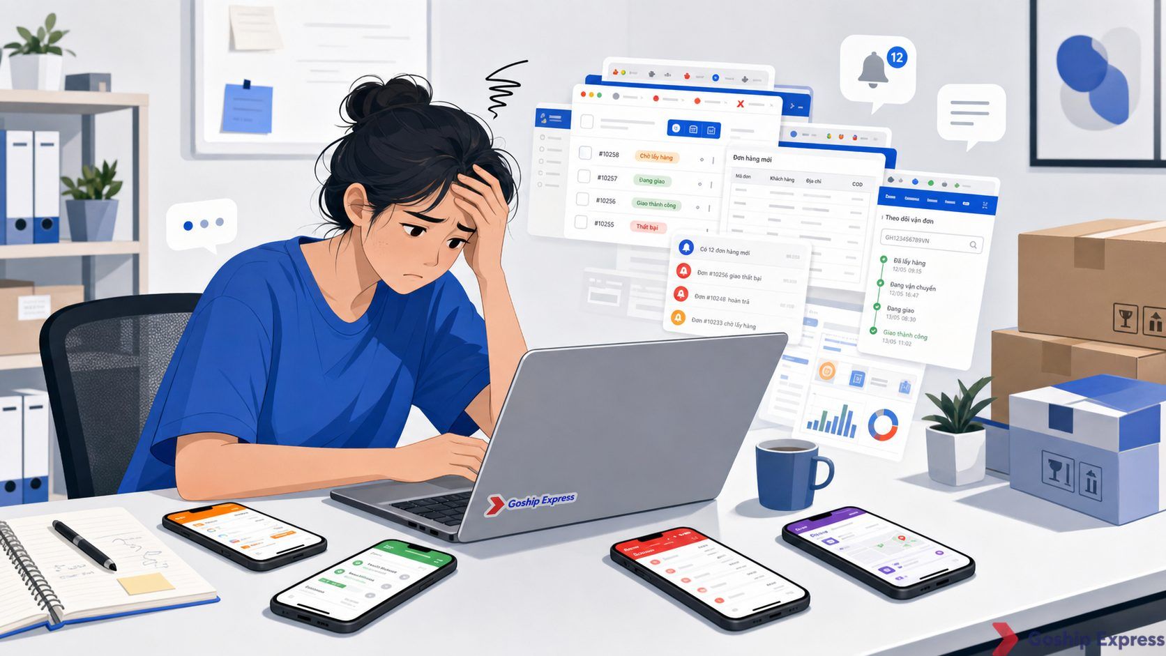 Chủ shop online mệt mỏi ngồi trước bàn làm việc với một laptop và nhiều điện thoại hiển thị các ứng dụng vận chuyển khác