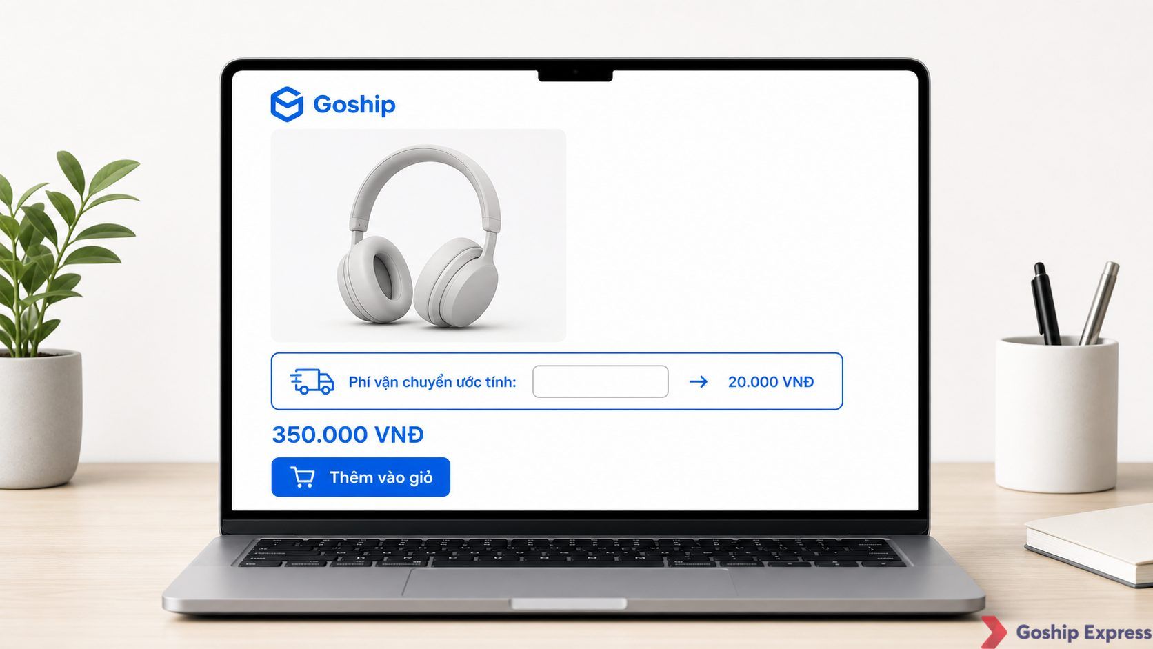 Website mockup showing a product page with a shipping cost estimator box displaying estimated shipping fee based on city,