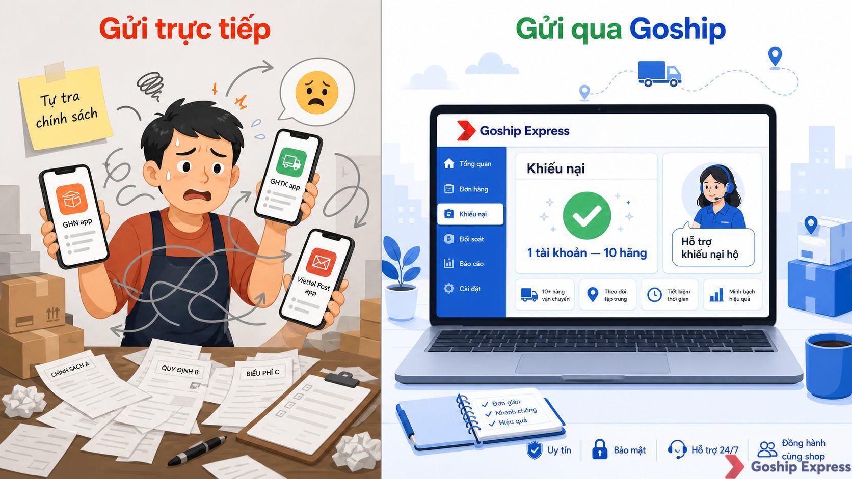 Ảnh so sánh trước-sau: bên trái là cảnh chủ shop căng thẳng với nhiều app vận chuyển riêng lẻ (GHN, GHTK, Viettel Post), bên