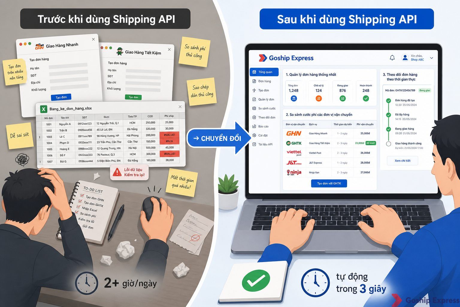 Ảnh so sánh trước-sau — bên trái là nhiều app vận chuyển và file Excel chồng chéo gây mất thời gian, bên phải là một laptop