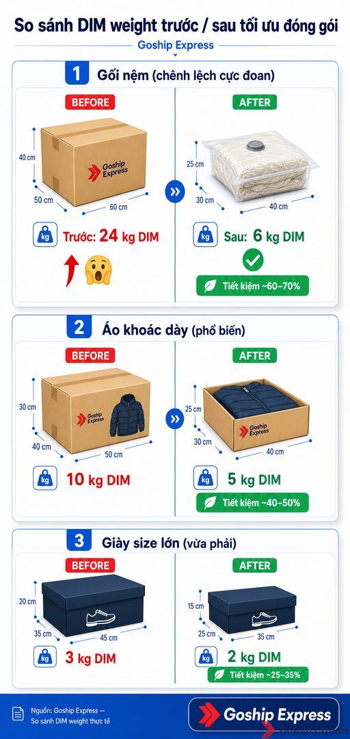 Infographic so sánh trước-sau của Goship Express minh họa 3 ví dụ tính DIM weight: gối nệm giảm từ 24kg xuống 6kg (tiết kiệm